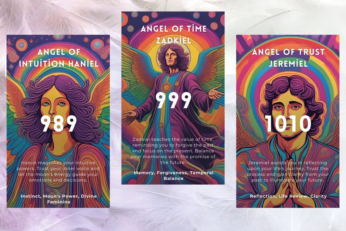 Celestial Angel Oracle Cards - Angel of Intuition Haniel 989, Angel of Time Zadkiel 999, Angel of Trust Jeremiel 1010