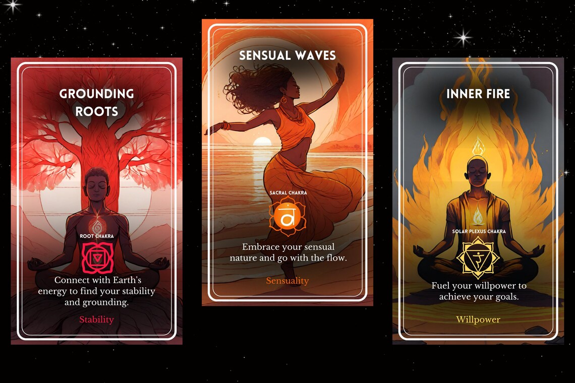 Chakra Wisdom Cards - Grounding Roots Stability, Sensual Waves Sacral, Inner Fire Solar Plexus