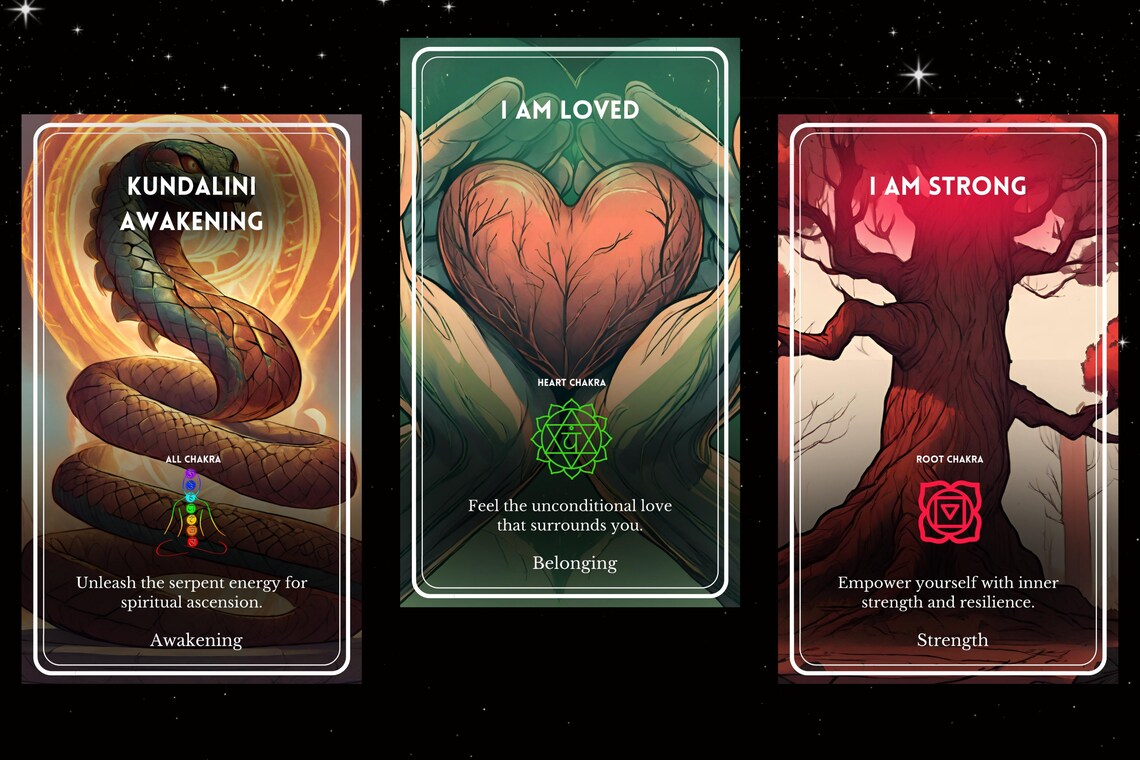 Kundalini Oracle Deck - Kundalini Awakening All Chakra, I Am Loved Heart, I Am Strong Root