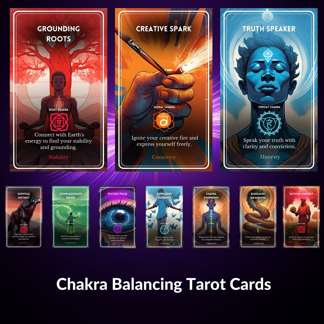 Chakra Balancing Oracle Deck 78 Cards - Grounding Roots, Creative Spark, Truth Speaker energy healing