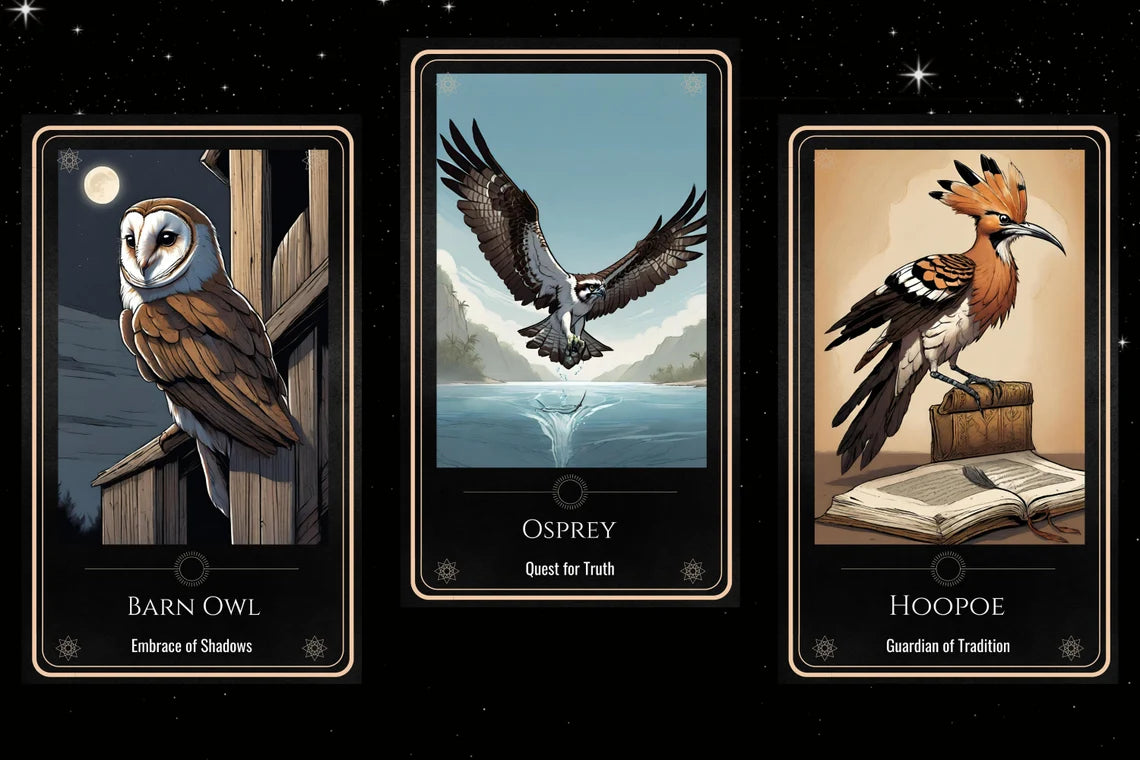 Bird Major Arcana - Barn Owl Embrace of Shadows, Osprey Quest for Truth, Hoopoe Guardian of Tradition