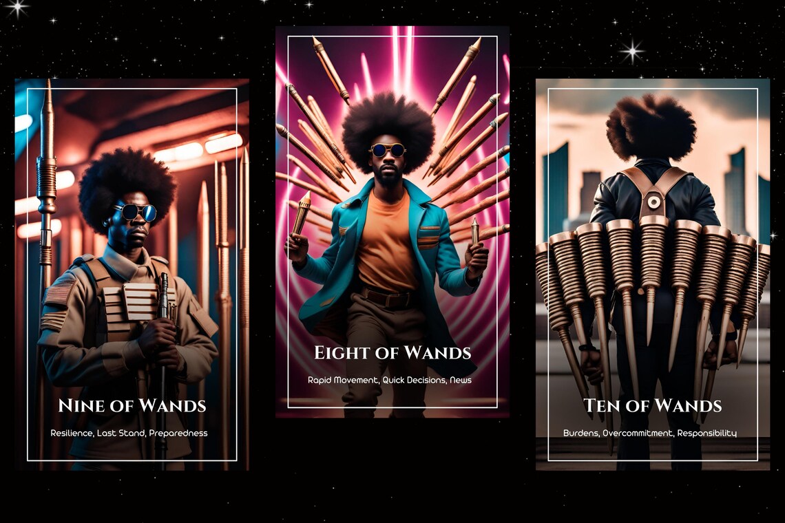 Black Heritage Tarot Wands - Nine of Wands, Eight of Wands, Ten of Wands spiritual guidance