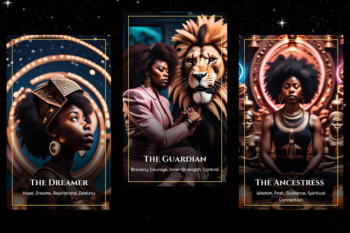 Black Heritage Tarot Major Arcana - The Dreamer, The Guardian, The Ancestress African ancestry cards
