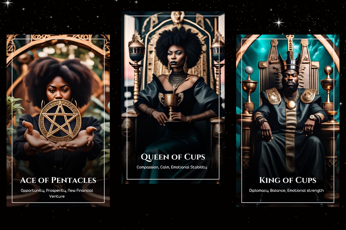 Afro-Centric Tarot Cards - Ace of Pentacles, Queen of Cups, King of Cups Black heritage deck