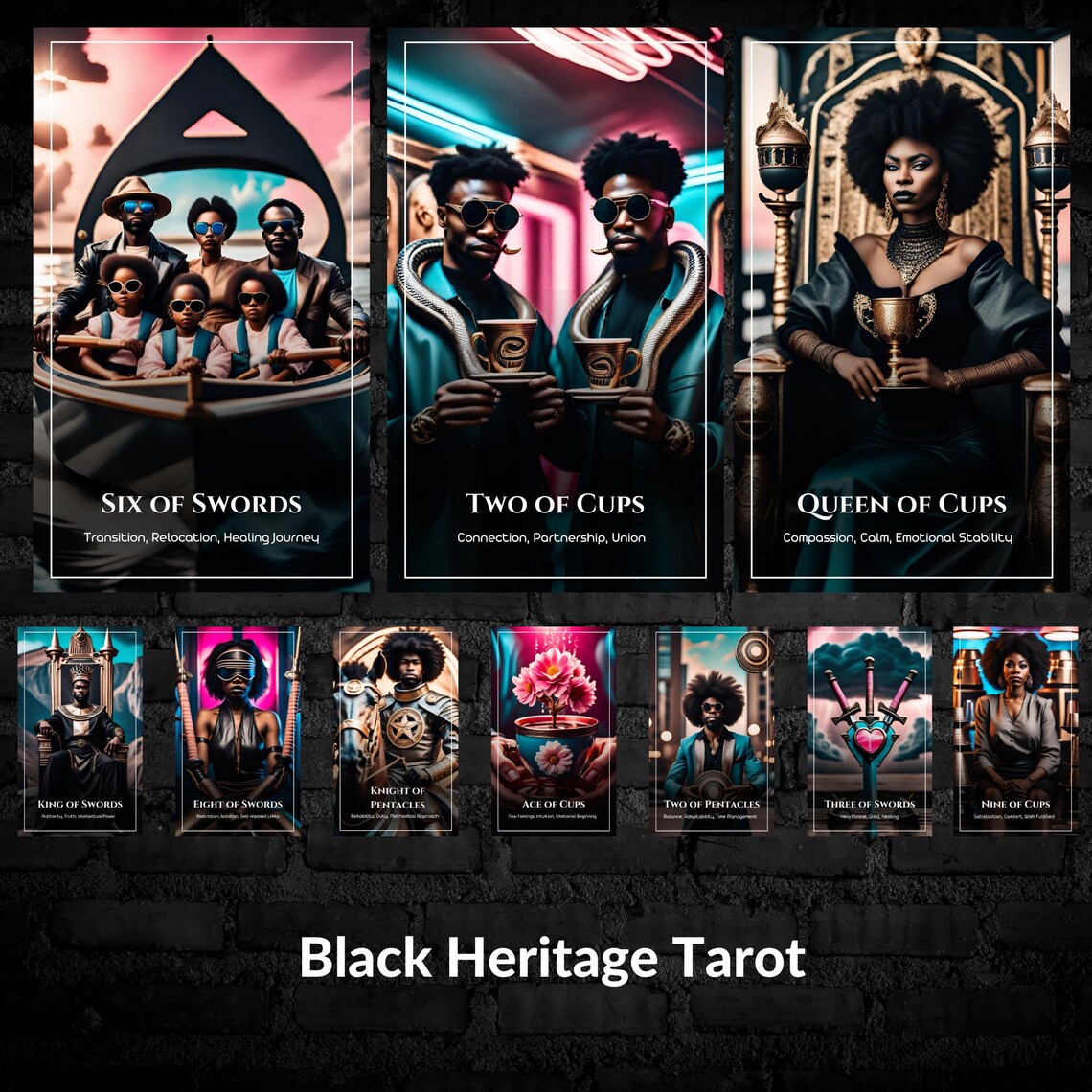 Black Heritage Tarot Deck - 78 Afro-Centric Cards featuring Six of Swords, Two of Cups, Queen of Cups