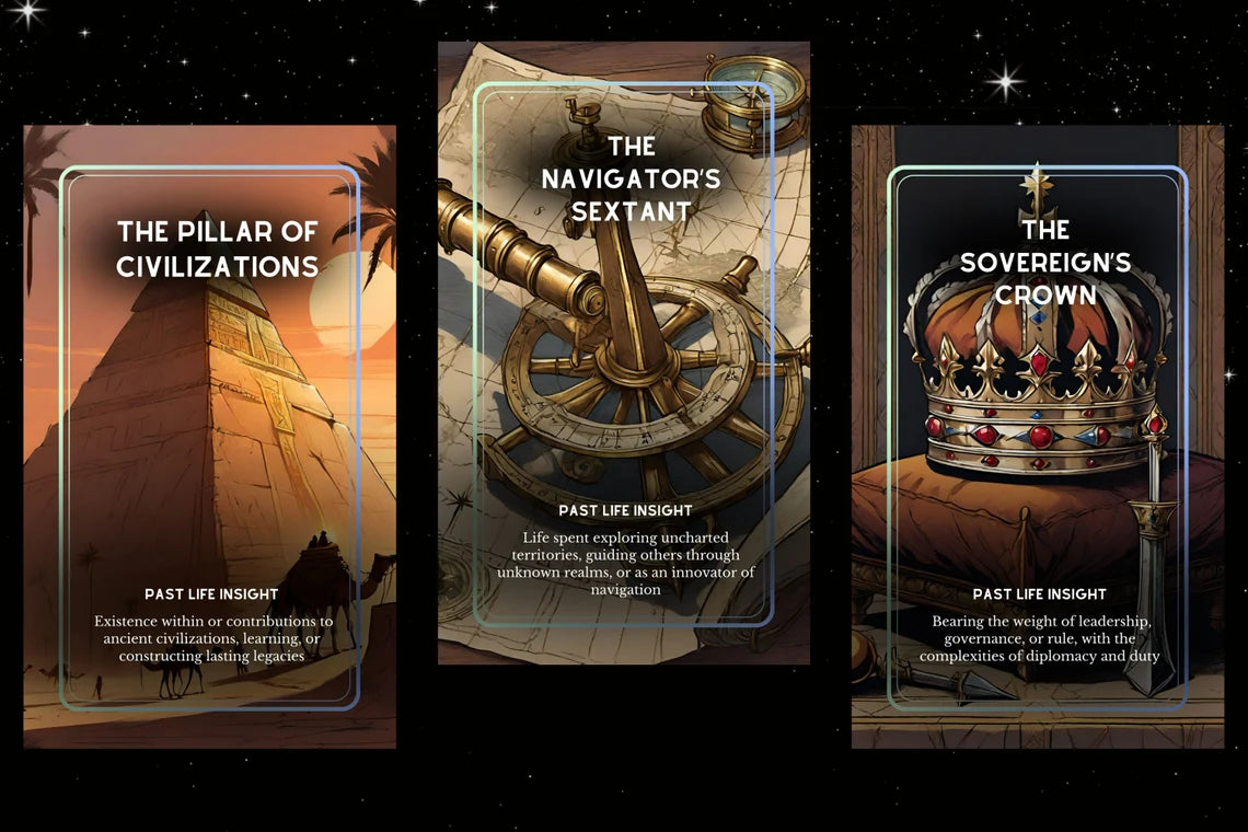 Eternal Echoes Past Life Cards - Pillar of Civilizations, Navigator's Sextant, Sovereign's Crown