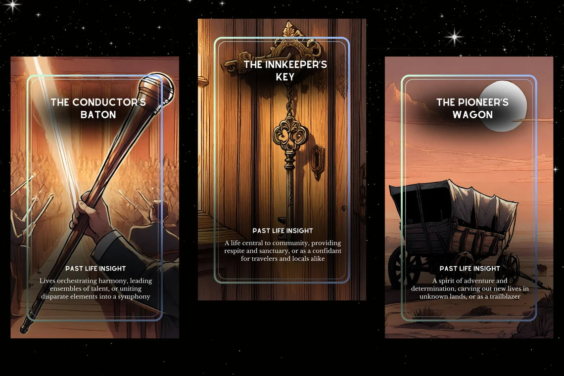 Reincarnation Oracle Deck - The Conductor's Baton, Innkeeper's Key, Pioneer's Wagon past life insight