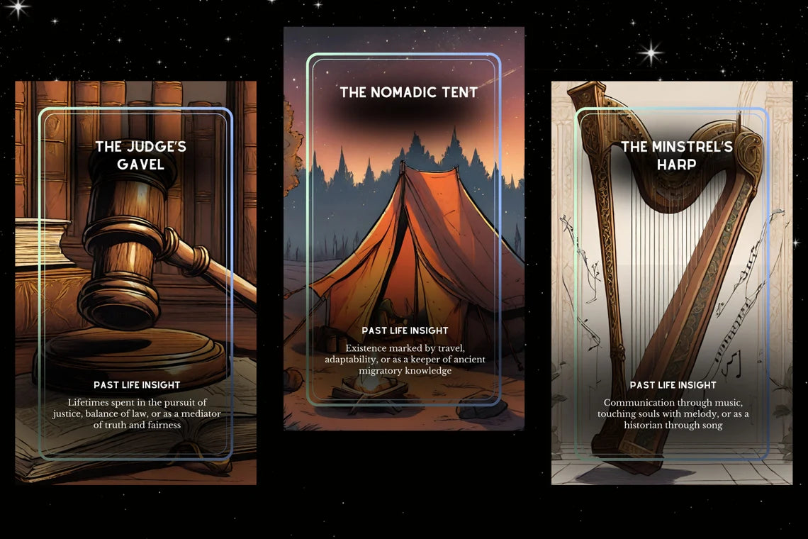 Past Life Divination Cards - The Judge's Gavel, Nomadic Tent, Minstrel's Harp soul journey oracle