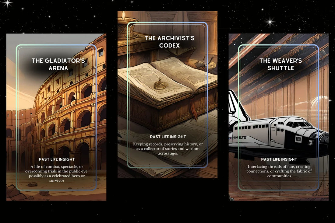 Eternal Echoes Oracle Deck - The Hermit's Lantern, Harvester's Sickle, Timekeeper's Hourglass past life cards