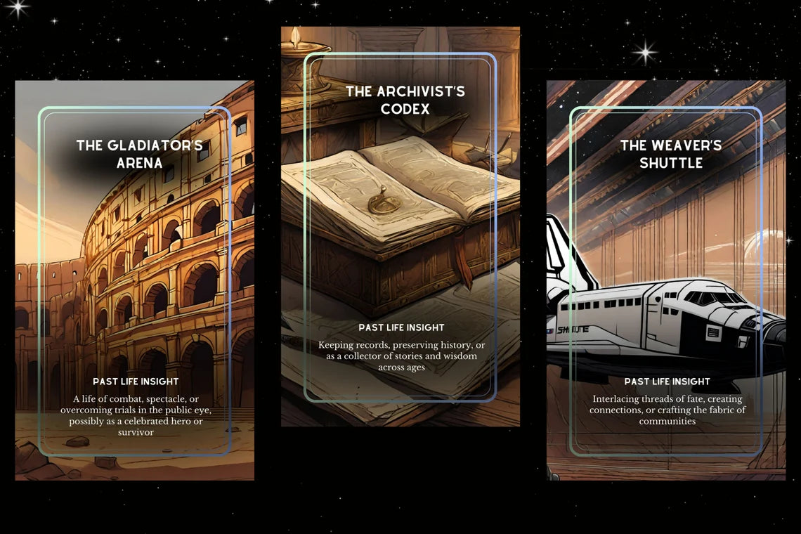 Past Life Oracle Cards - The Gladiator's Arena, Archivist's Codex, Weaver's Shuttle reincarnation deck