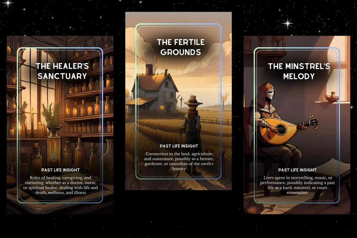 Eternal Echoes Oracle - The Healer's Sanctuary, Fertile Grounds, Minstrel's Melody karmic healing cards