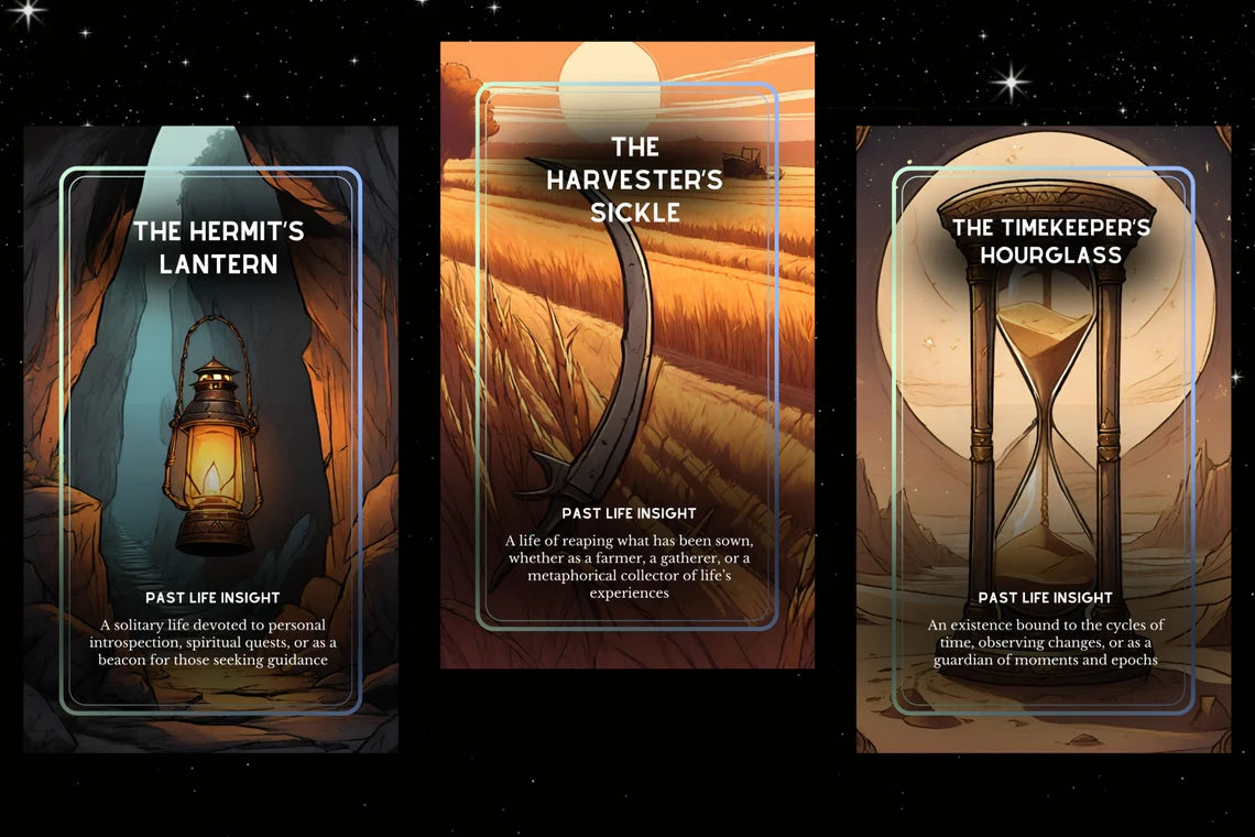 Eternal Echoes Oracle Deck - The Hermit's Lantern, Harvester's Sickle, Timekeeper's Hourglass past life cards