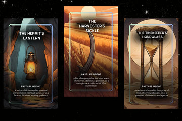 Eternal Echoes Oracle Deck - The Hermit's Lantern, Harvester's Sickle, Timekeeper's Hourglass past life cards