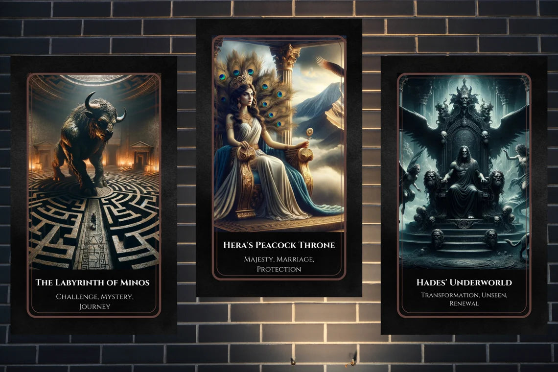 Olympus Oracle Deck - Labyrinth of Minos, Hera Peacock Throne, Hades Underworld spiritual guidance
