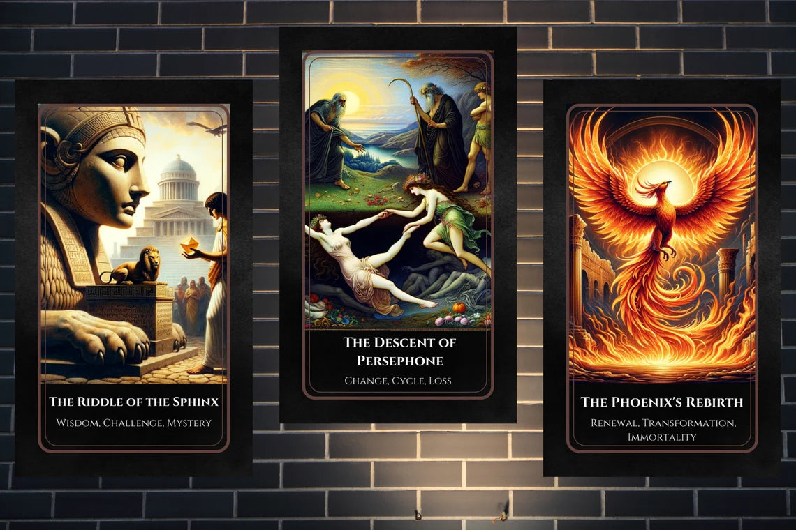 Olympus Oracle Tarot - Riddle of Sphinx, Descent of Persephone, Phoenix Rebirth transformation cards