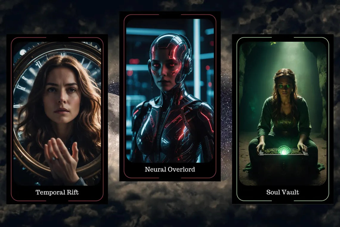 Shadow Oracle Cards - Temporal Rift, Neural Overlord, Soul Vault sci-fi