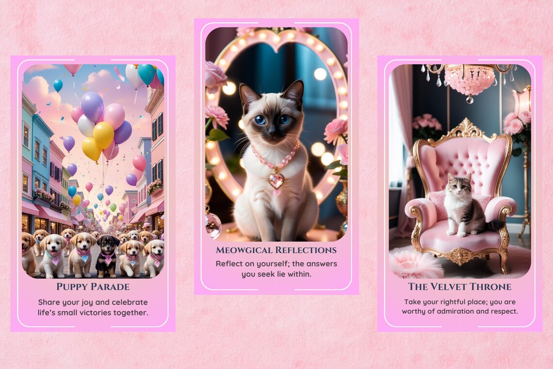 Pet Oracle Cards - Puppy Parade, Meowgical Reflections, The Velvet Throne
