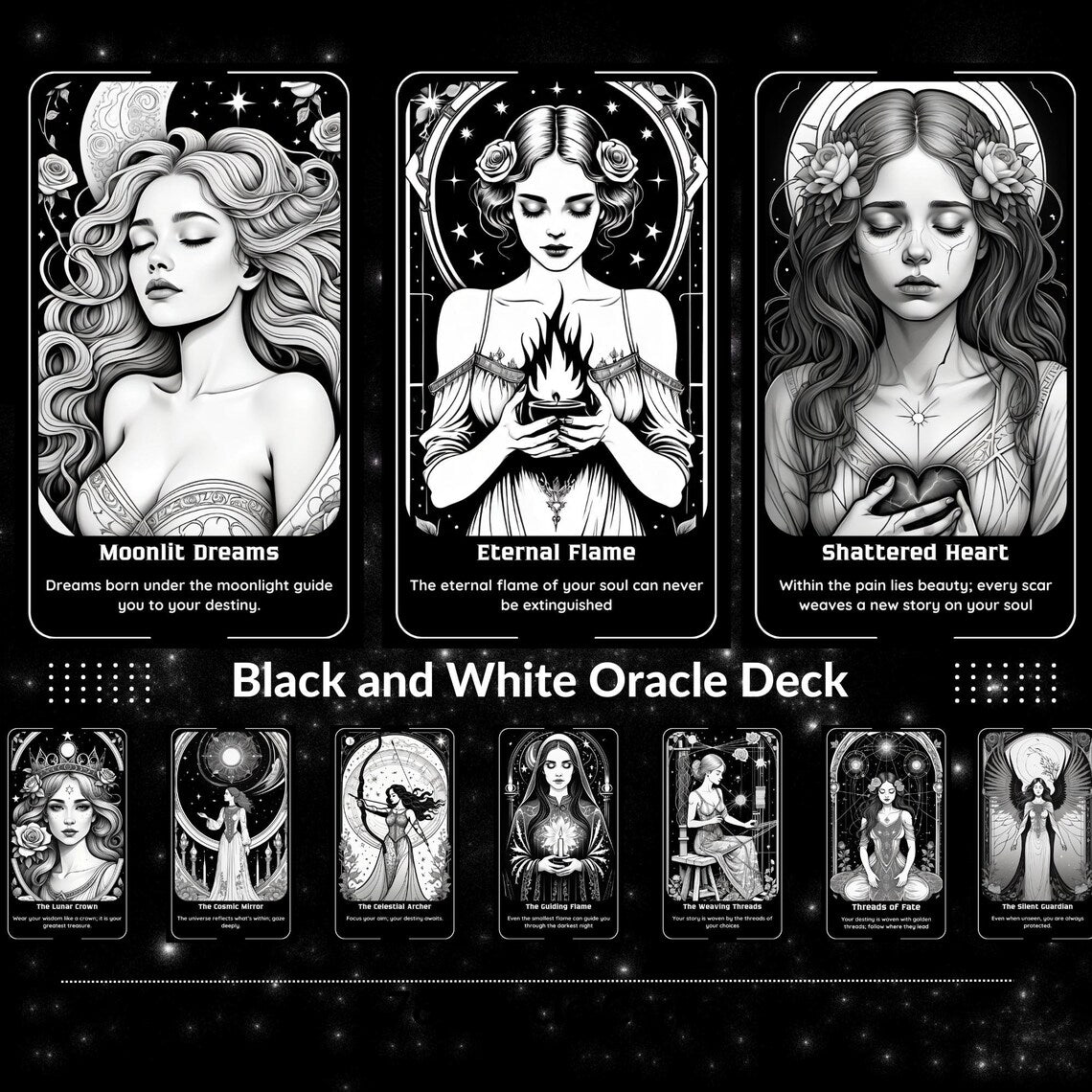 Moonlit Muse Oracle - Eternal Flame, Shattered Heart black and white divination