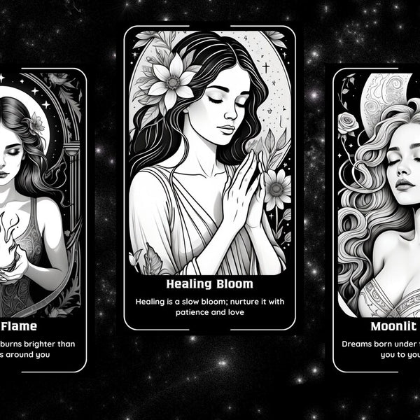 Moonlit Muse Oracle - 78 Black & White Line Art Cards | Gothic Feminine Celestial Divination Deck