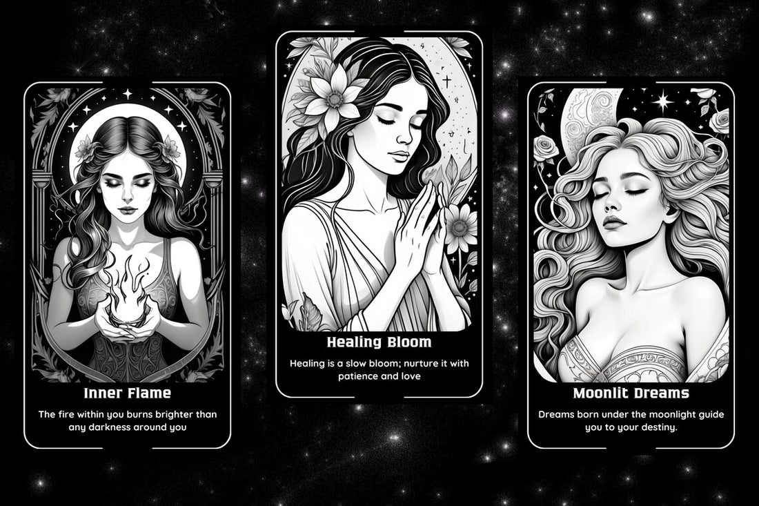 Moonlit Muse Oracle - Rose of Parting, Phoenix Rising, Mirror of Truth line art cards
