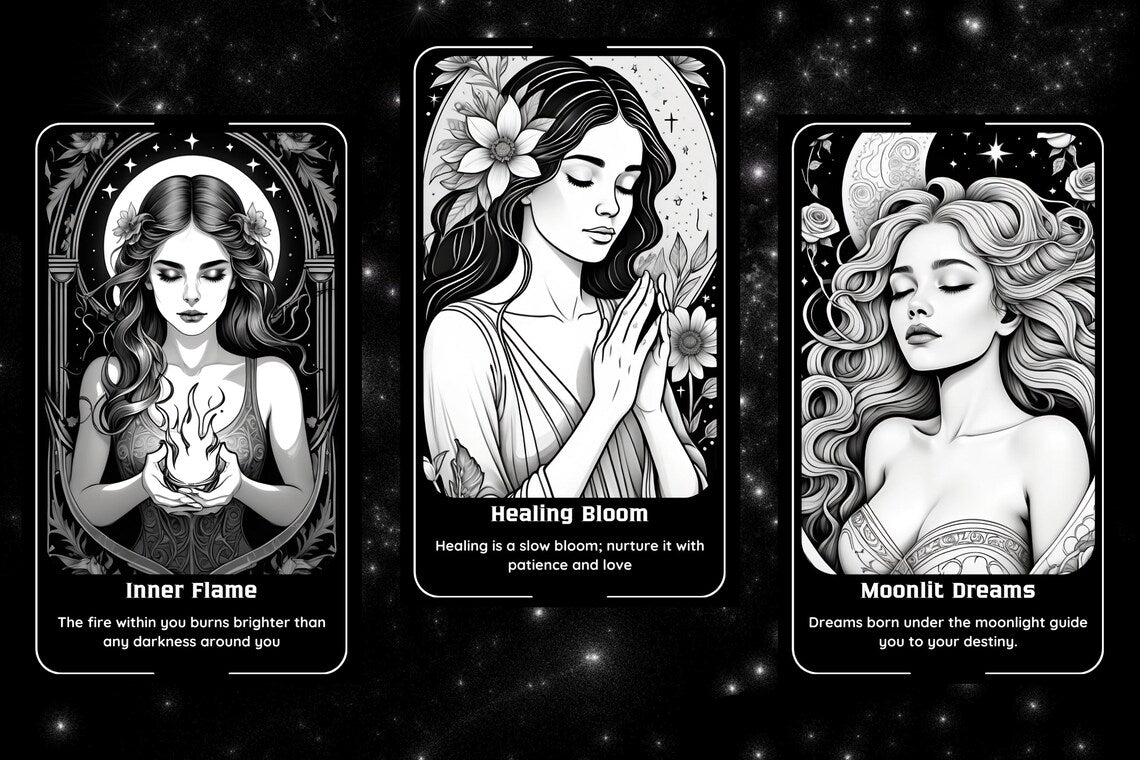 Black White Oracle Deck - Inner Flame, Healing Bloom, Moonlit Dreams feminine art