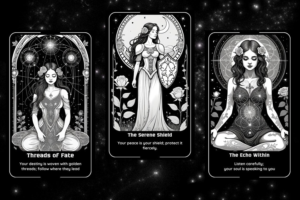 Gothic Oracle Cards - Art Nouveau celestial moon feminine line illustrations