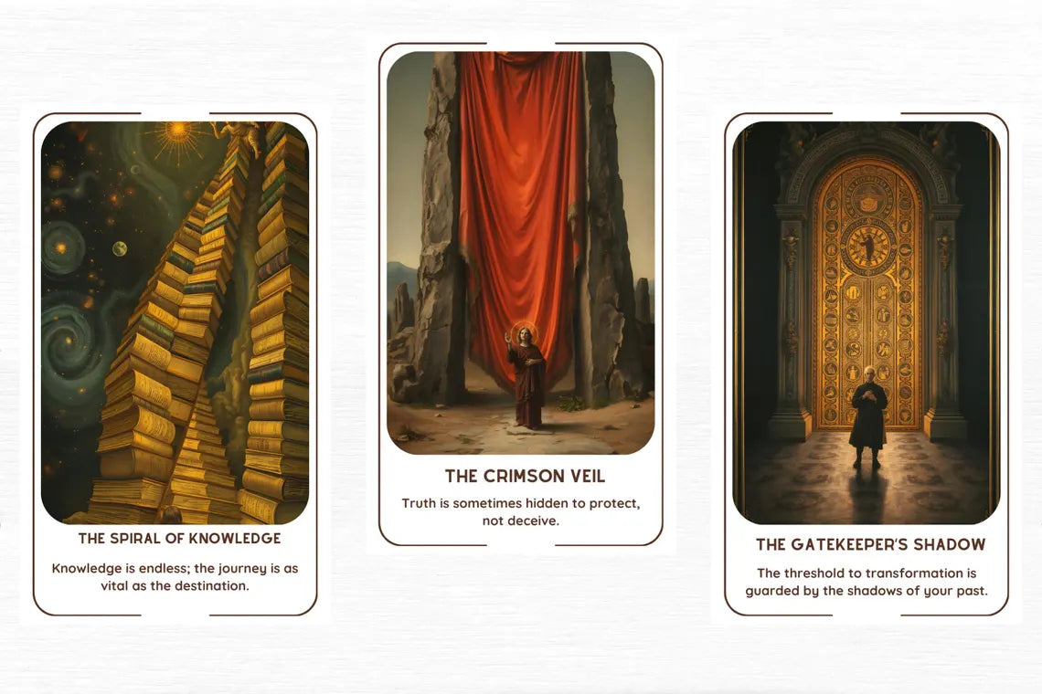 Arcanum Oracle Cards - Spiral of Knowledge, Crimson Veil, Gatekeeper's Shadow