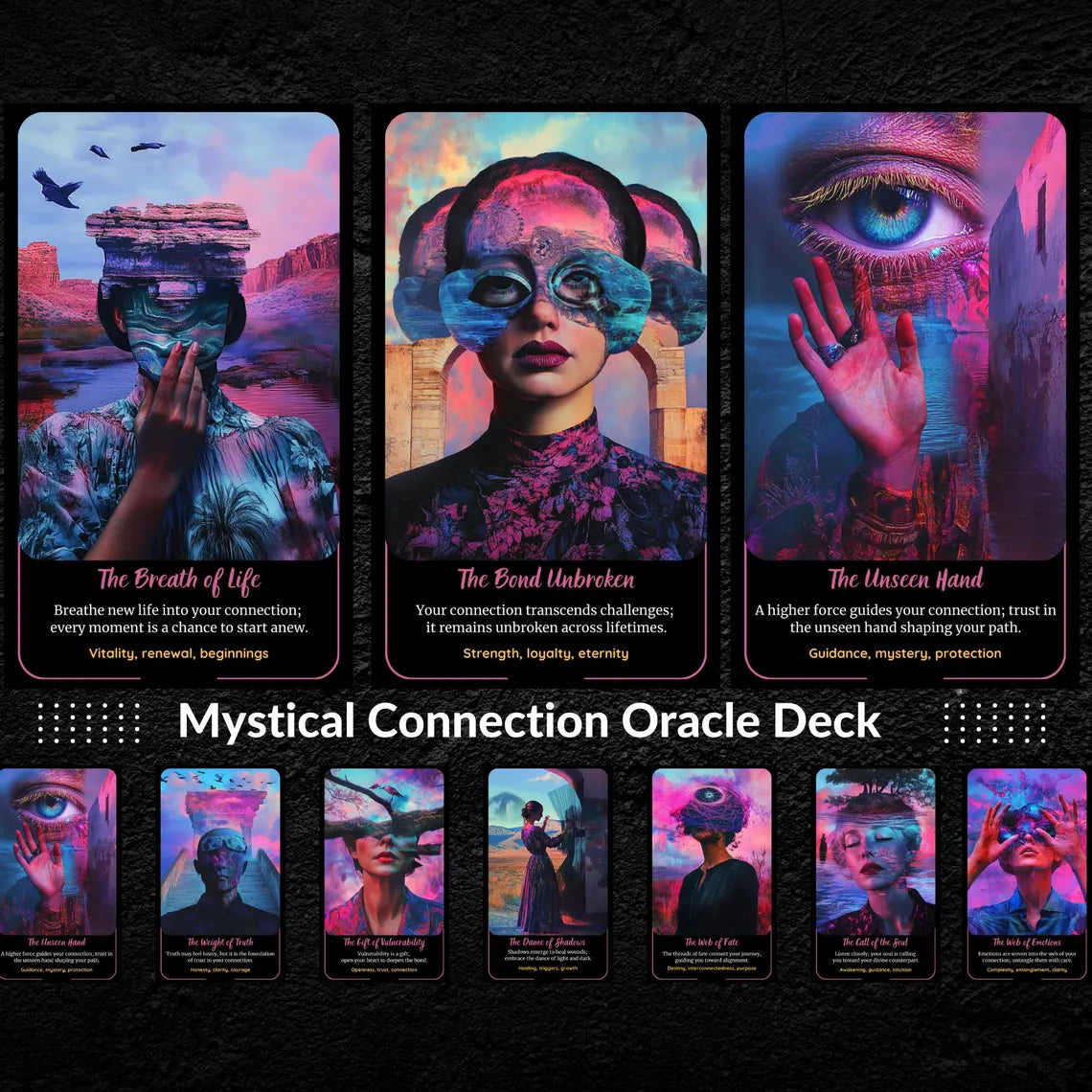 Twin Flame Oracle Deck - The Breath of Life, The Bond Unbroken, The Unseen Hand cards