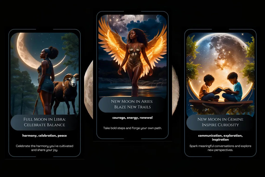 Moonlit Zodiac Oracle - Full Moon in Aries, New Moon in Aries, Full Moon in Capricorn cards