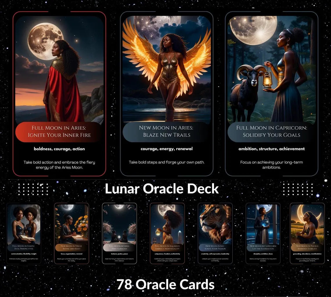Moonlit Zodiac Oracle - Full Moon in Aries, New Moon in Aries, Full Moon in Capricorn cards