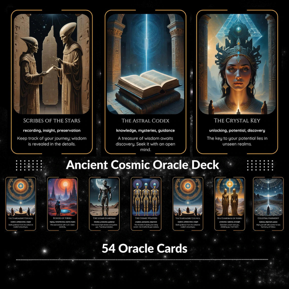 Ancient Cosmic Oracle - Scribes of the Stars, The Astral Codex, The Crystal Key Sumerian cards