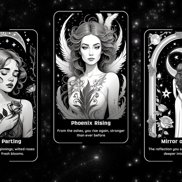 Moonlit Muse Oracle - 78 Black & White Line Art Cards | Gothic Feminine Celestial Divination Deck