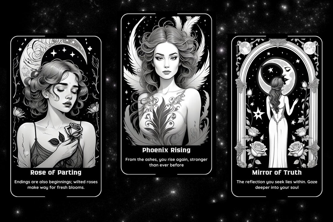 Moonlit Muse Oracle - Rose of Parting, Phoenix Rising, Mirror of Truth line art cards