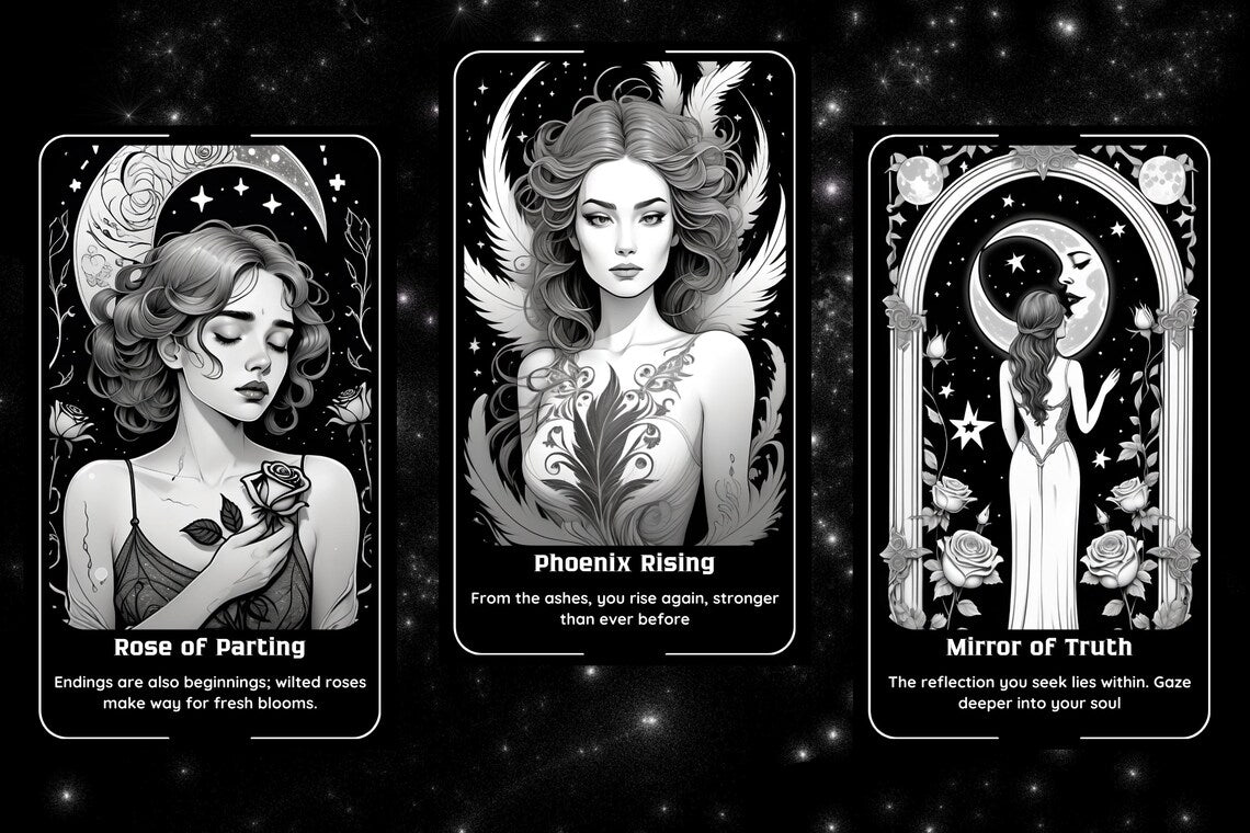 Moonlit Muse Oracle - Rose of Parting, Phoenix Rising, Mirror of Truth line art cards
