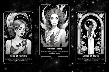 Moonlit Muse Oracle - Rose of Parting, Phoenix Rising, Mirror of Truth line art cards