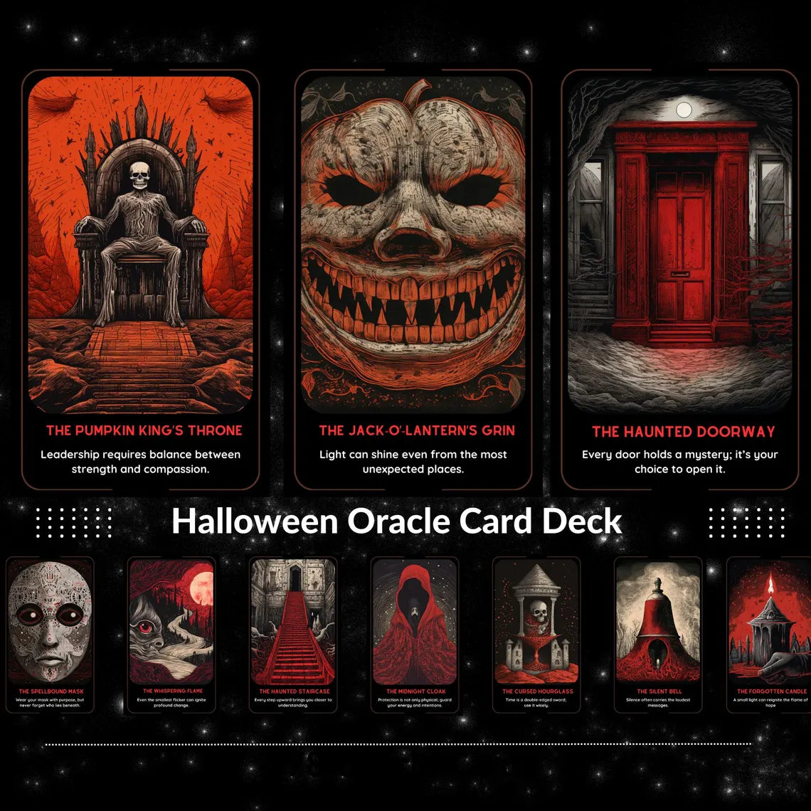 Halloween Divination Deck - Gothic red and black mystical oracle cards for shadow work