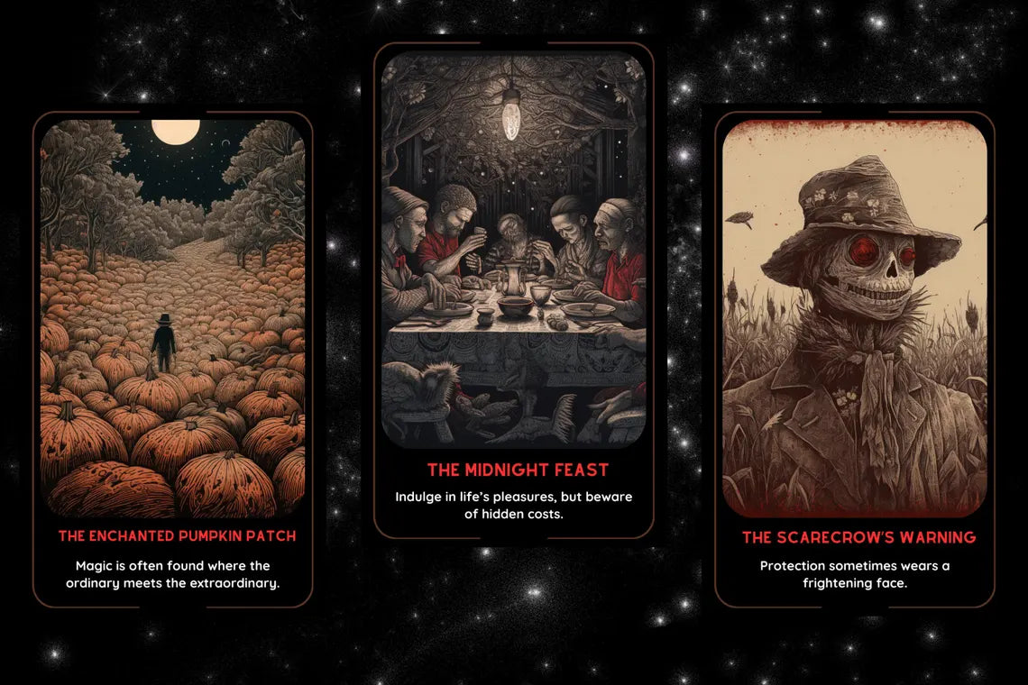 Spooky Oracle Cards - The Enchanted Pumpkin Patch, The Midnight Feast, The Scarecrow's Warning