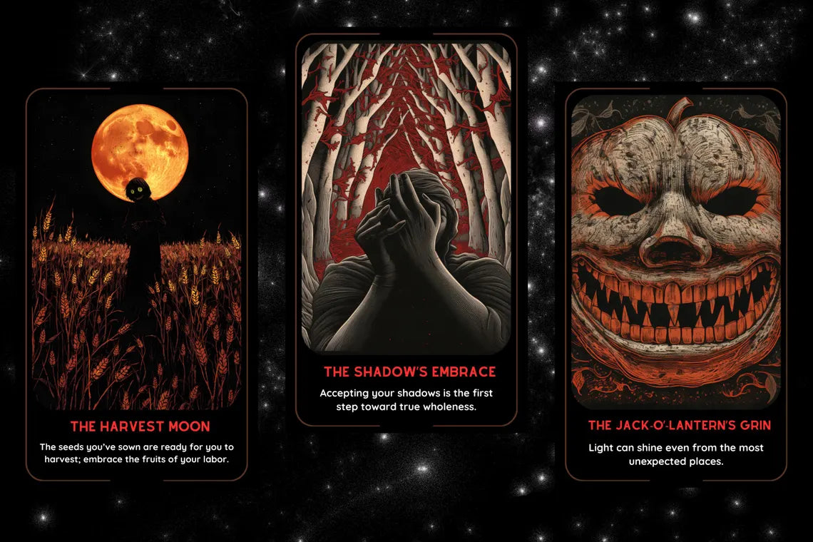Haunted Halloween Oracle - The Harvest Moon, The Shadow's Embrace, The Jack-O'-Lantern's Grin spooky cards