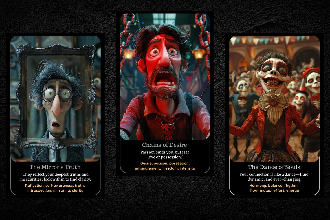 Love Oracle Cards - The Mirror's Truth, Chains of Desire, The Dance of Souls relationship guidance