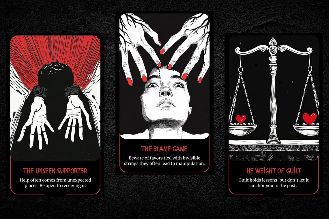 Karmic Oracle Cards - Striking black white and crimson feminine artwork divination