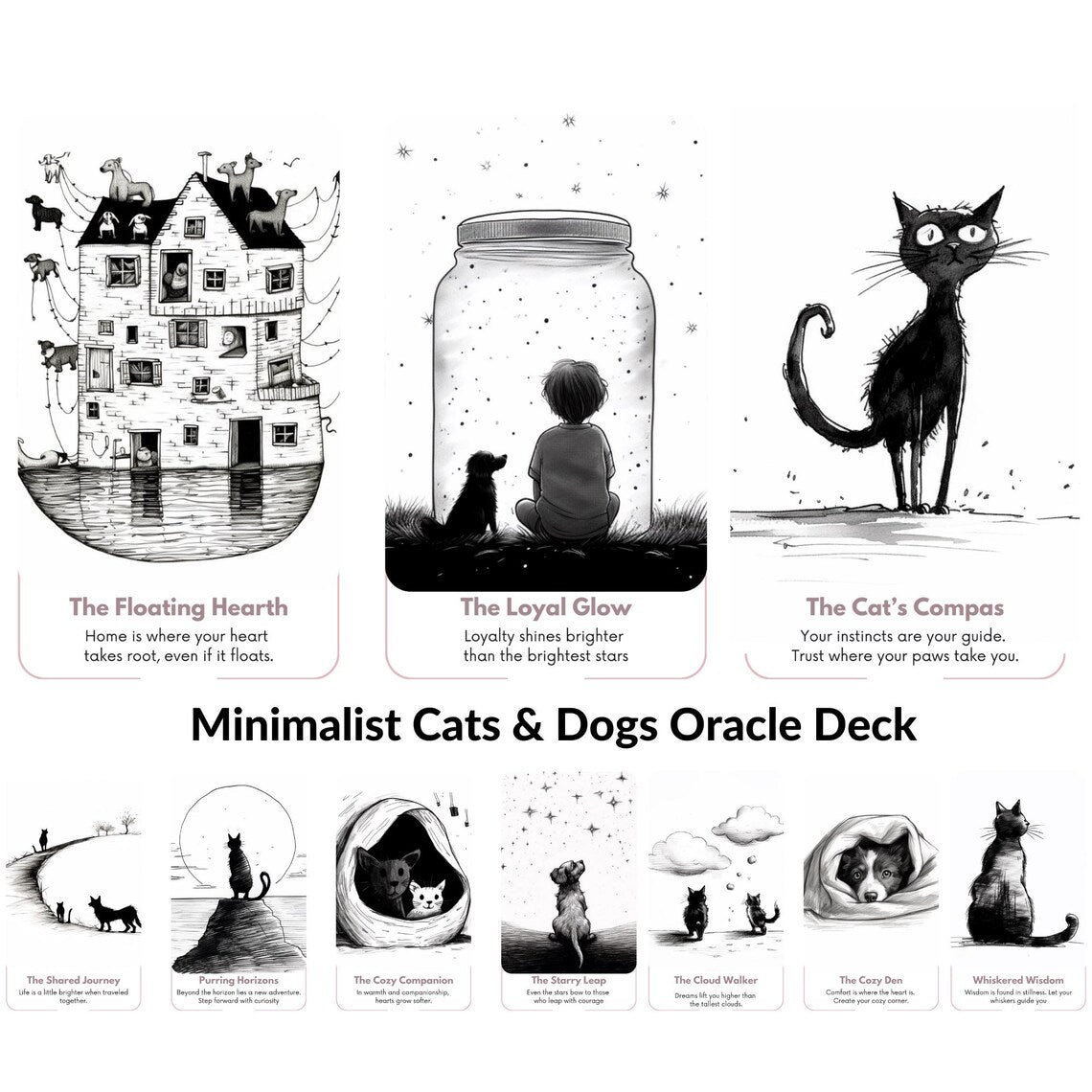 Animal Oracle Deck - The Floating Hearth, The Cat's Compass black and white minimalist
