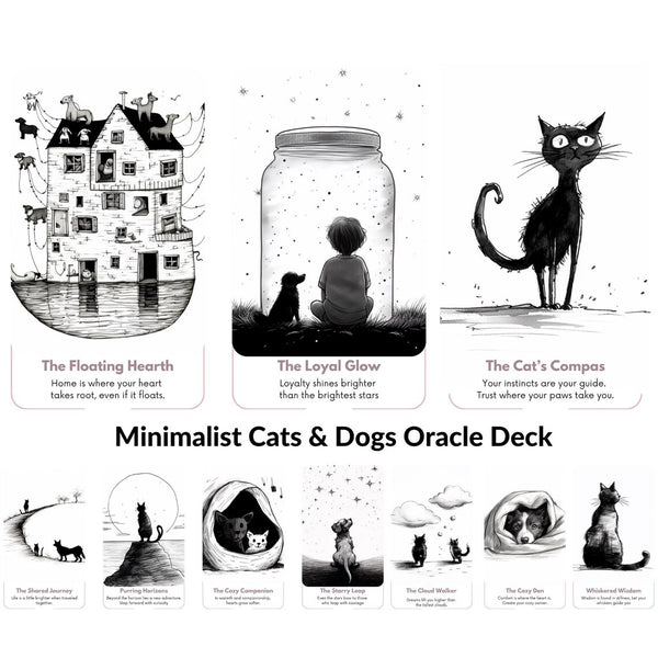 Minimalist Cats & Dogs Oracle - 78 Hand-Drawn Animal Cards | Black & White Pet Divination Deck