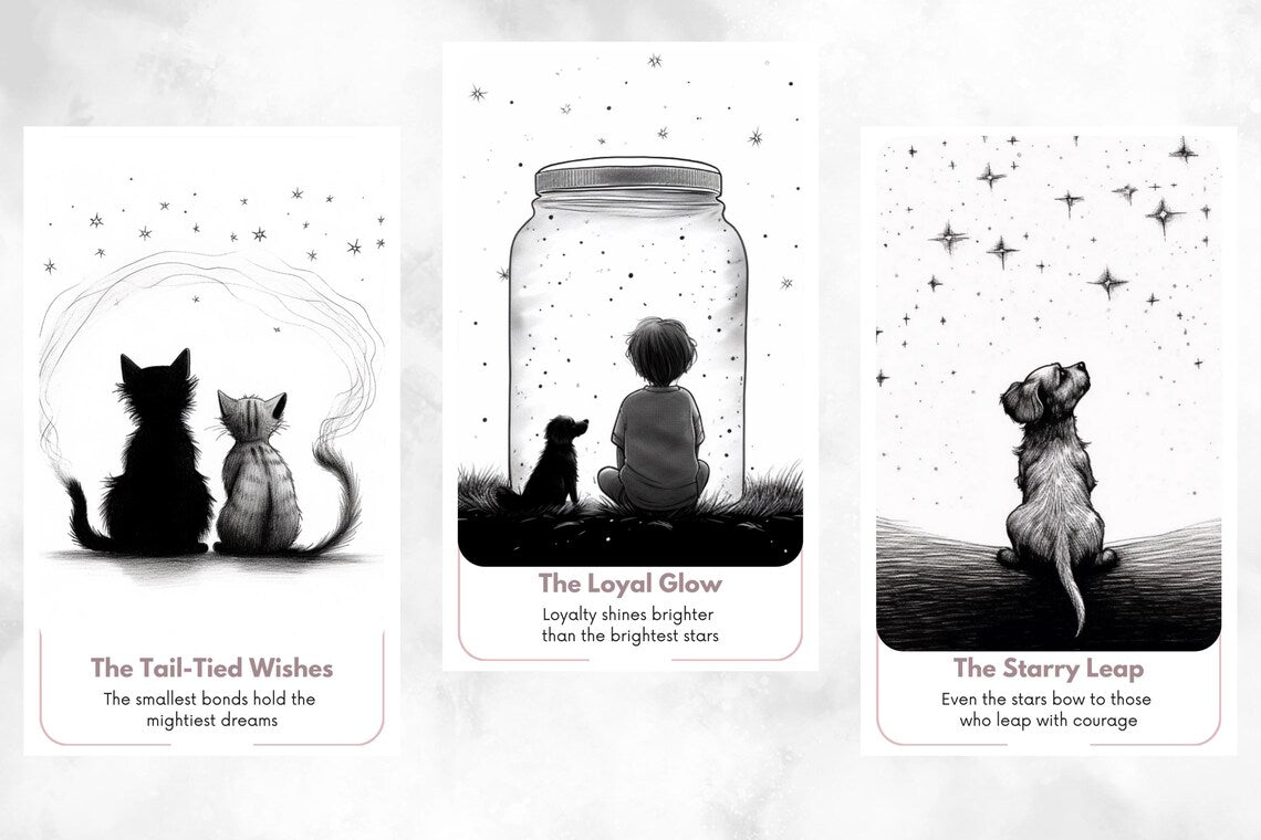 Minimalist Cats Dogs Oracle - The Tail-Tied Wishes, The Loyal Glow, The Starry Leap cards