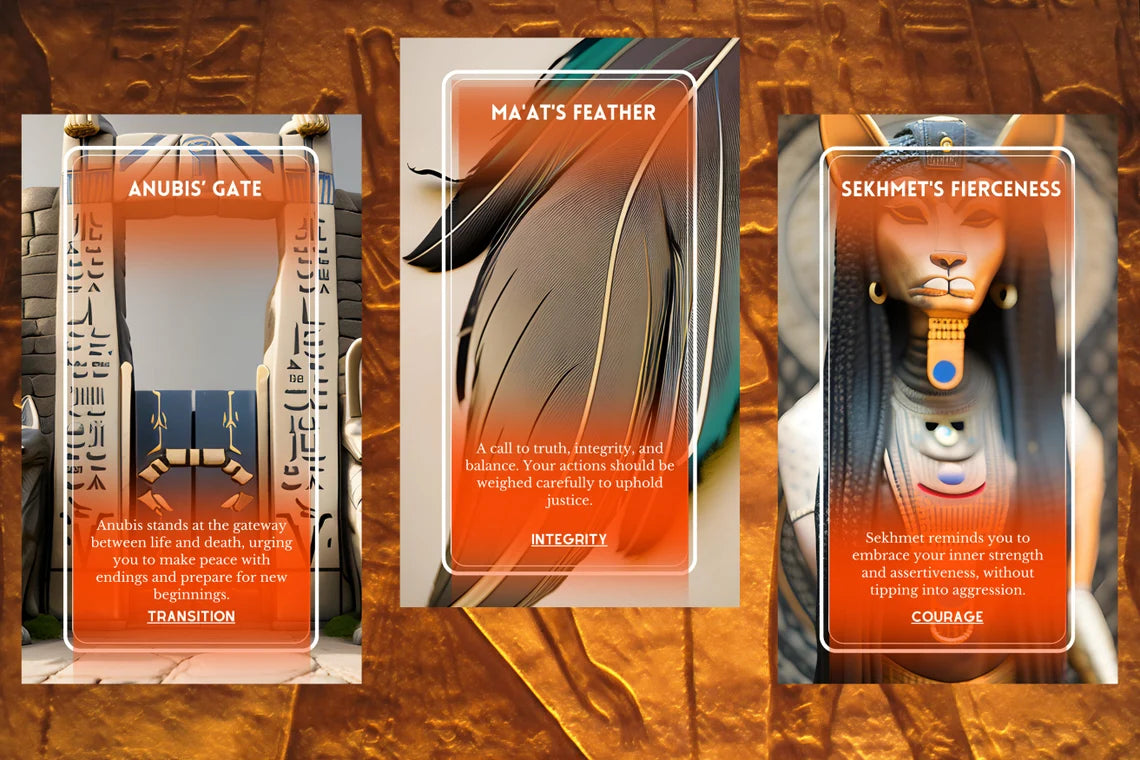 Egyptian Oracle Cards - Anubis Gate Maat Feather Sekhmet