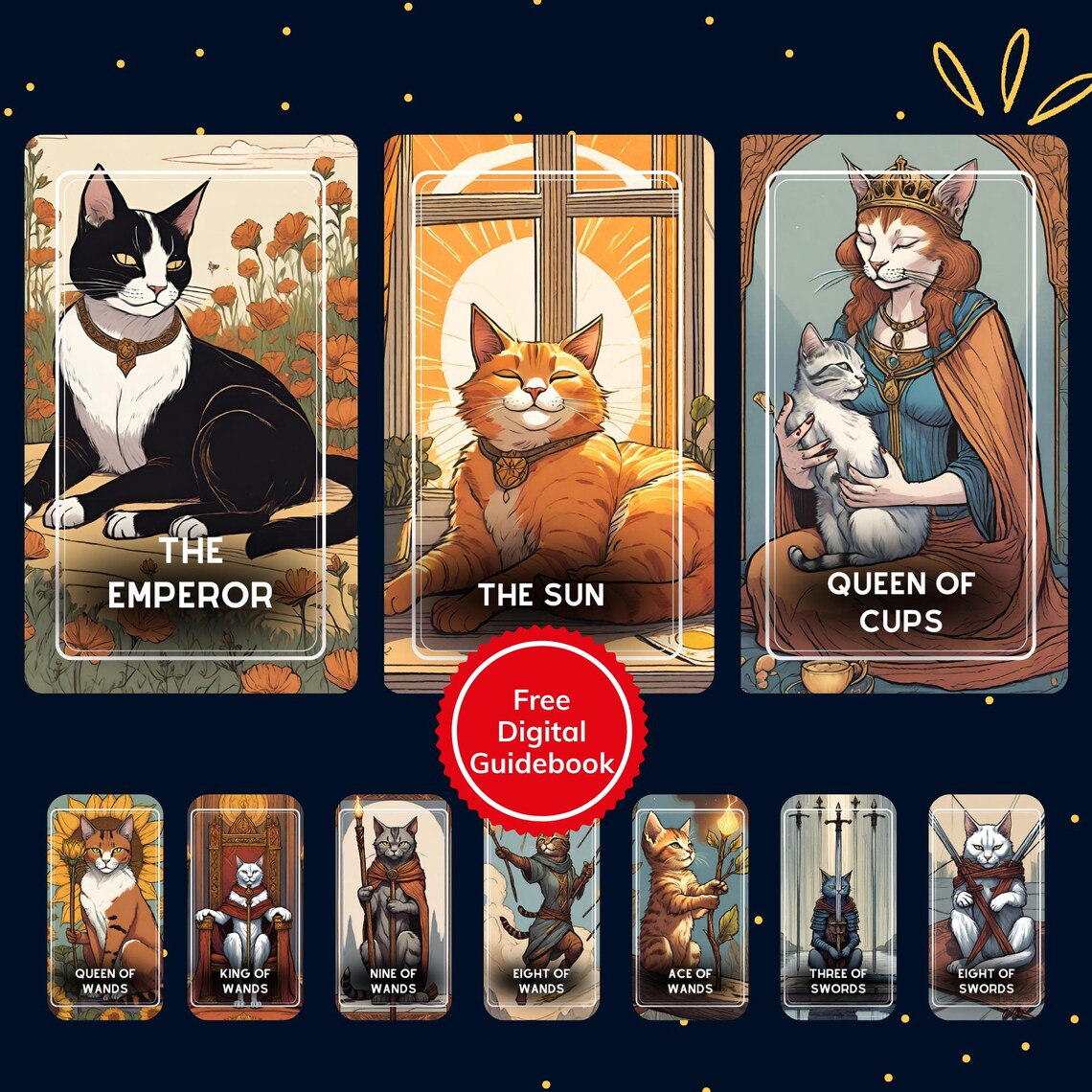 Mystic Paws Cat Tarot Deck - The Emperor The Sun Queen of Cups Cards Overview
