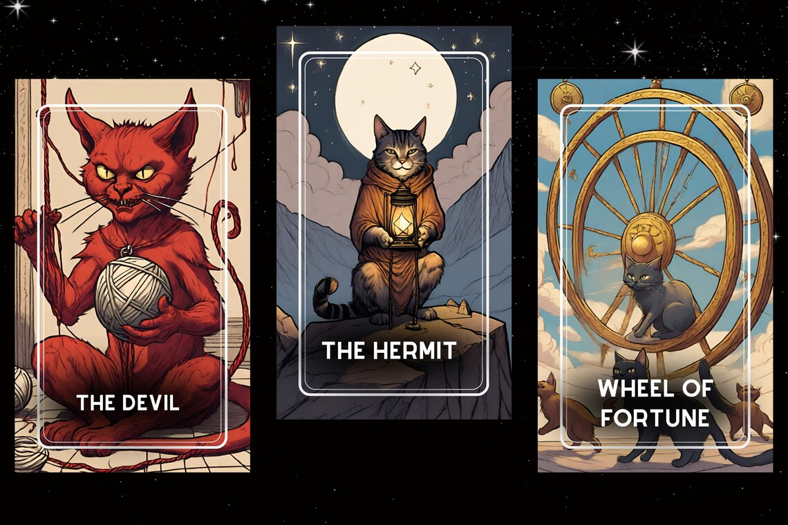Mystic Paws Cat Tarot Cards - The Devil The Hermit Wheel of Fortune