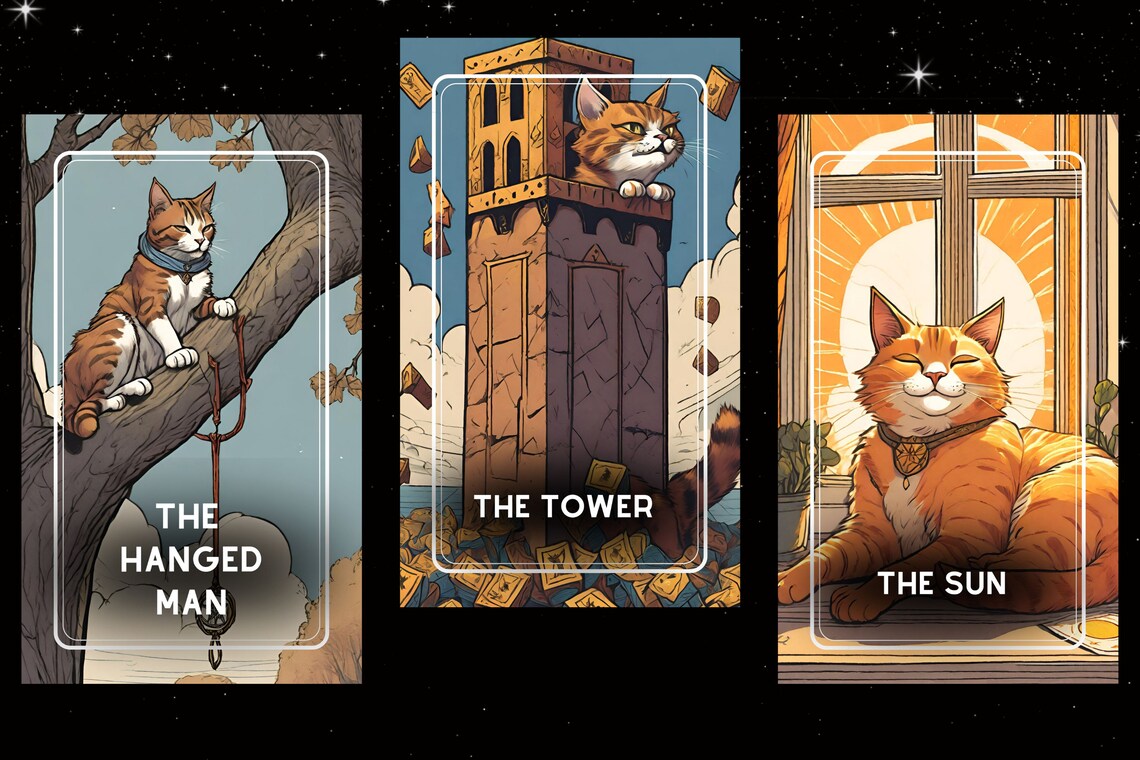 Mystic Paws Cat Tarot Cards - The Hanged Man The Tower The Sun