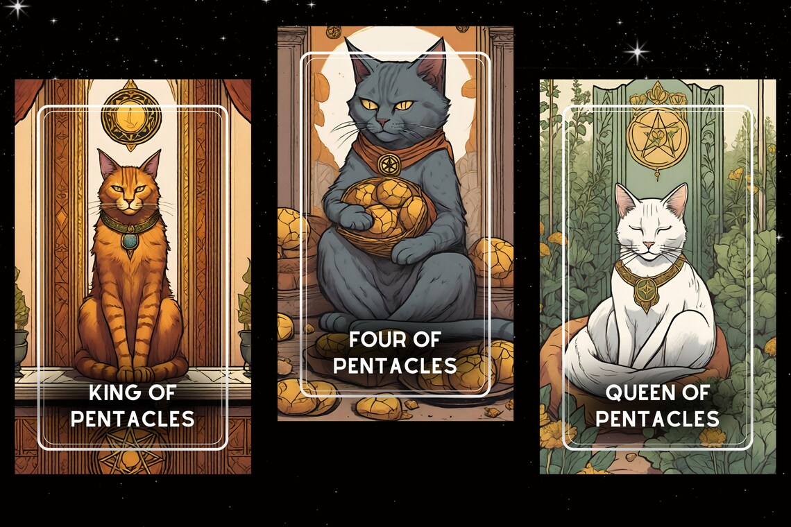 Mystic Paws Cat Tarot Cards - King of Pentacles Four of Pentacles Queen of Pentacles