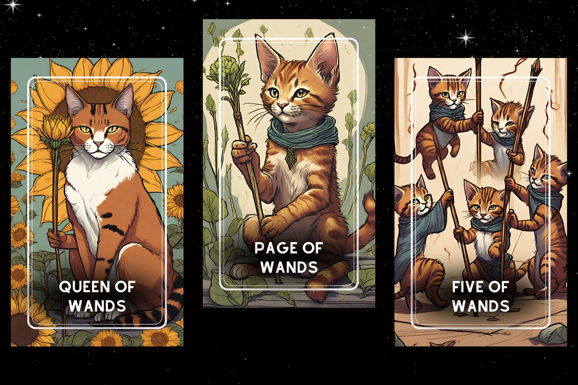 Mystic Paws Cat Tarot Cards - Queen of Wands Page of Wands Five of Wands