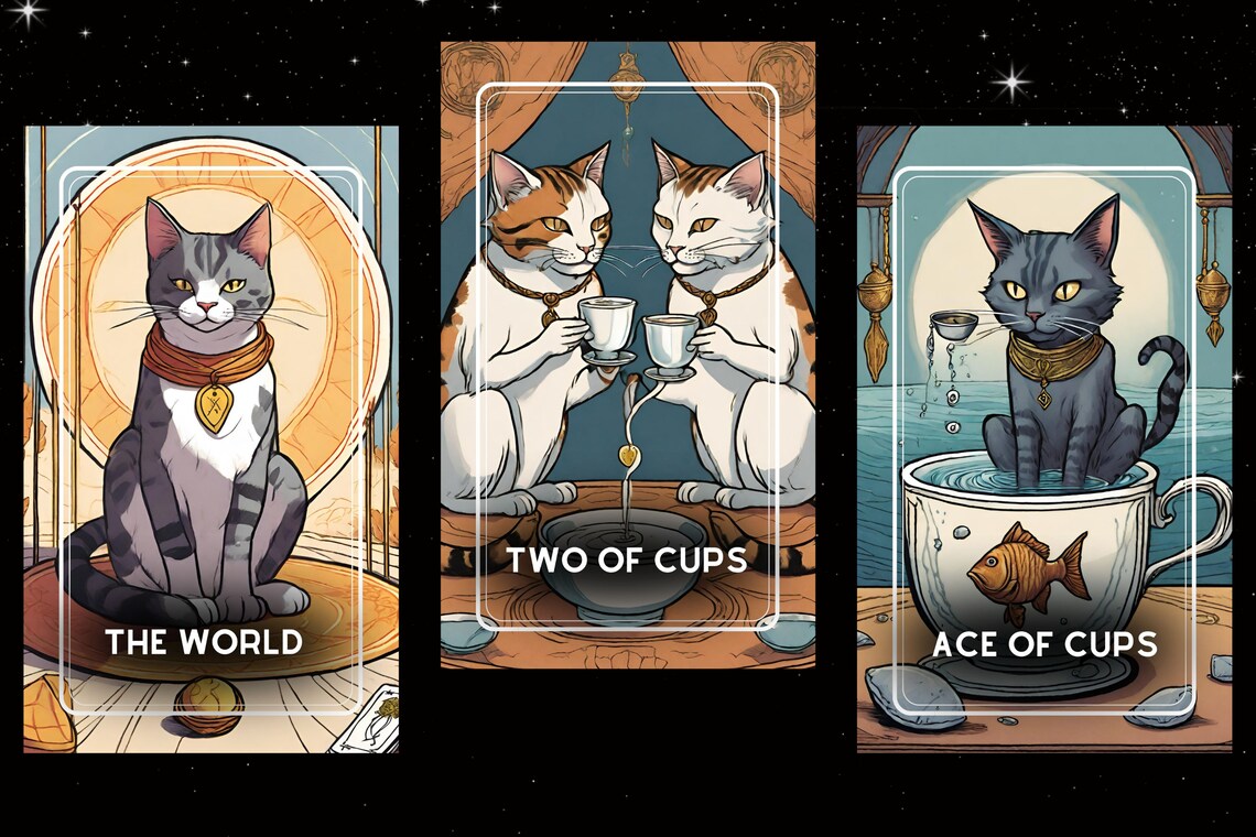 Mystic Paws Cat Tarot Cards - The World Two of Cups Ace of Cups